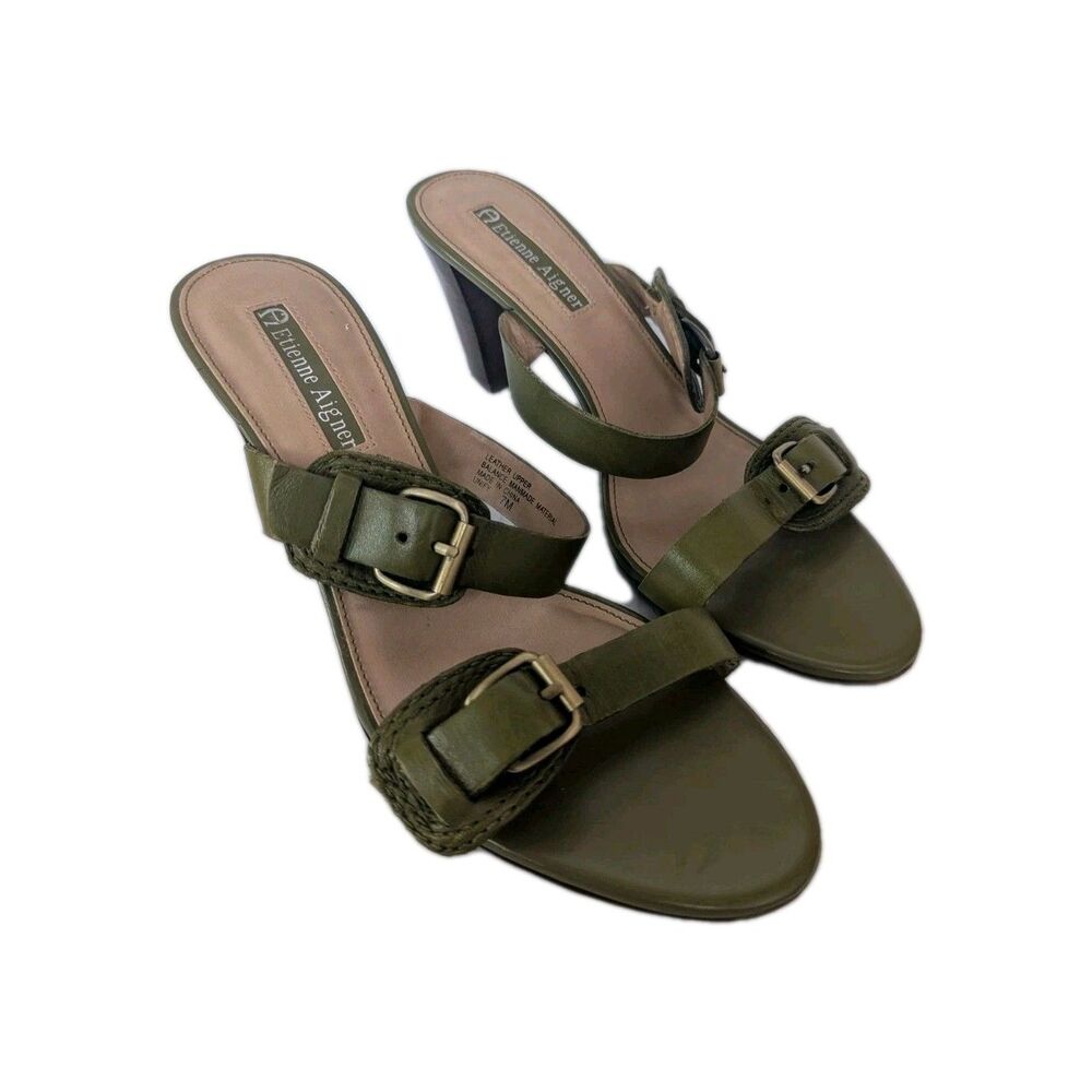 Adrienne Vittadini Slide Sandals Sz 7M Heels Green Buckle